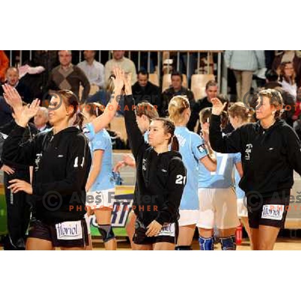 Kliukaite, Hrnjic and Derepasko salute Dynamo players after women\'s EHF Championsleague game Krim Mercator-Dynamo Volgograd in Ljubljana, Slovenia. Krim Mercator won 41-34. Photo by Ales Fevzer