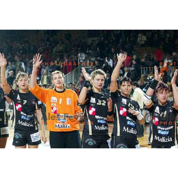  Krim Mercator players salute fans after women\'s EHF Championsleague game Krim Mercator-Dynamo Volgograd in Ljubljana, Slovenia. Krim Mercator won 41-34. Photo by Ales Fevzer