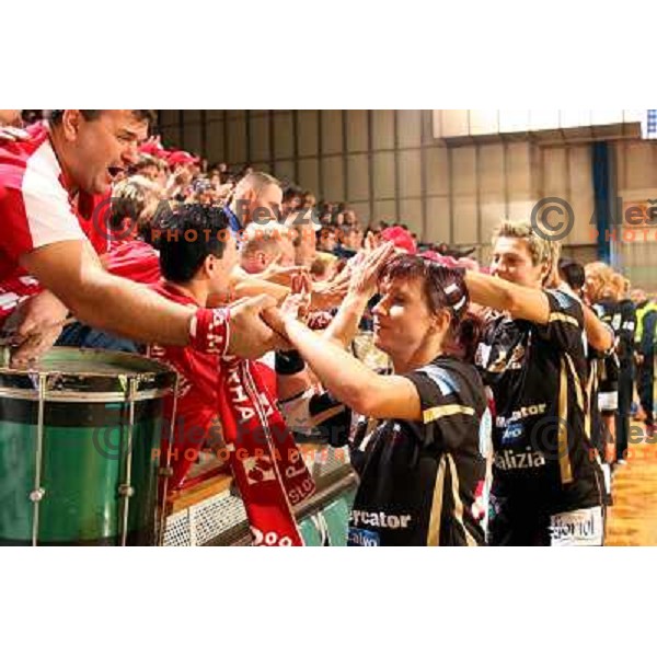 Tanja Oder and Anja Freser during women\'s EHF Championsleague game Krim Mercator-Dynamo Volgograd in Ljubljana, Slovenia. Krim Mercator won 41-34. Photo by Ales Fevzer