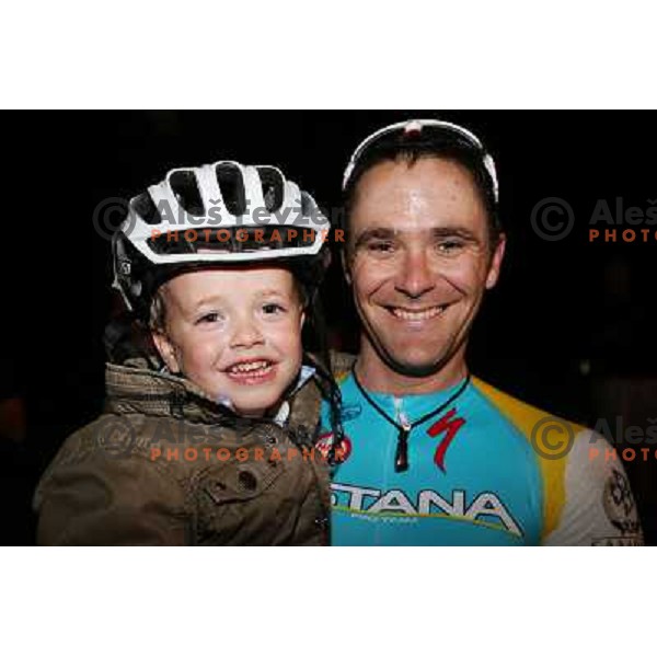 Borut Bozic of Astana with his son after men\'s Elite race at Medvode Criterium on August 28, 2012 