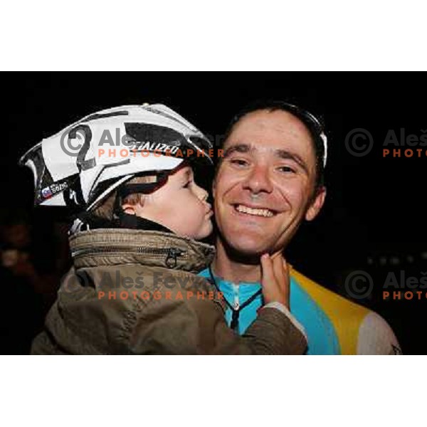 Borut Bozic of Astana with his son after men\'s Elite race at Medvode Criterium on August 28, 2012 