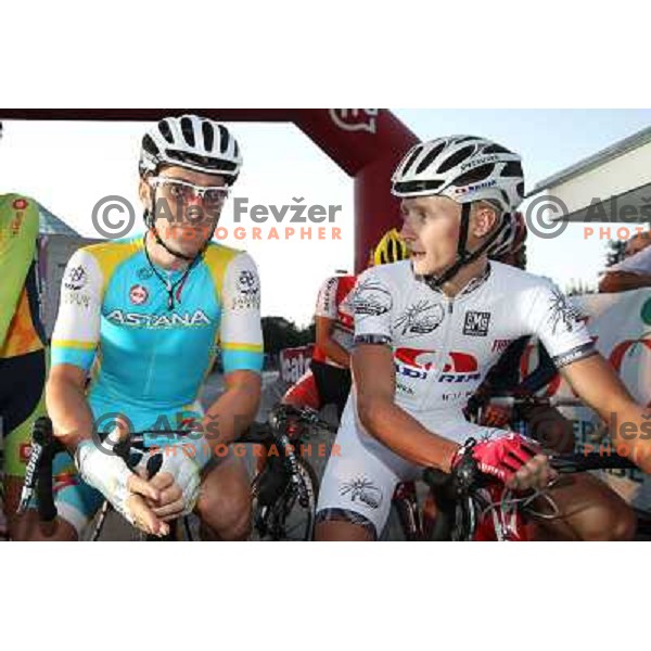 Borut Bozic of Astana and Marko Kump of Adria Mobil during men\'s Elite race at Medvode Criterium on August 28, 2012 