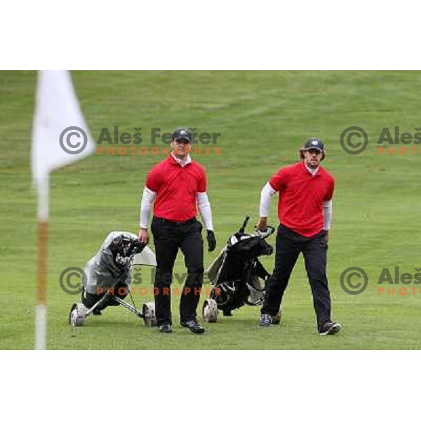 Aljosa Berc and Anze Kopitar of Slovenia, LA Kings- NHL ice-hockey star during Audi Quattro golf tournament on King\'s golf course at Bled, Slovenia on September 1, 2012. 