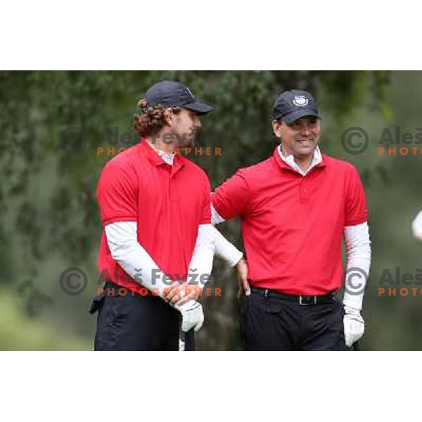 Aljosa Berc and Anze Kopitar of Slovenia, LA Kings- NHL ice-hockey star during Audi Quattro golf tournament on King\'s golf course at Bled, Slovenia on September 1, 2012. 