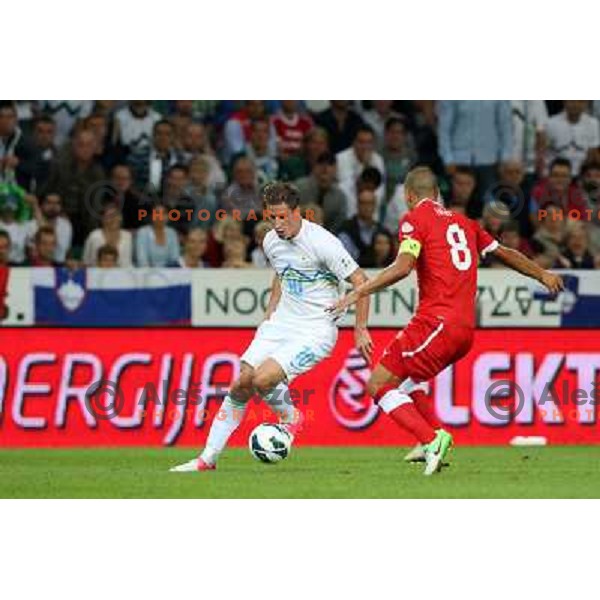 of Slovenia and of Switzerland in action during football match Slovenia-Switzerland in Qualification group E of 2014 FIFA World Cup Brasil, played in Arena Stozice, Ljubljana, Slovenia on September 7, 2012 
