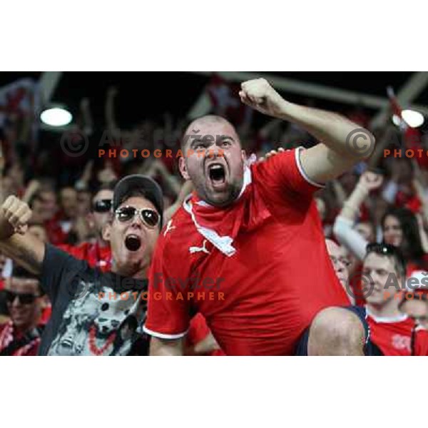 Fans of Switzerland celebrate second goal and Suisse victory 2:0 over Slovenia in FIFA 2014 World Cup Qualifiers played in Arena Stozice, Ljubljana, Slovenia on September 7, 2012 