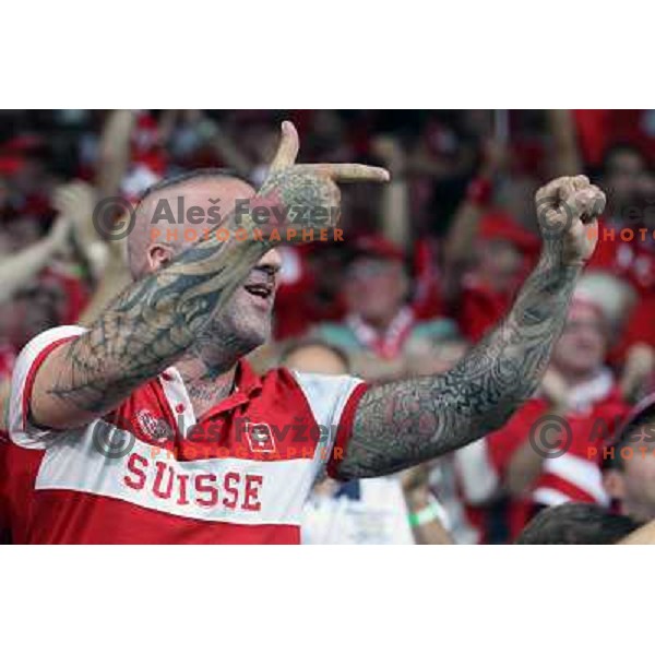 Fans of Switzerland celebrate second goal and Suisse victory 2:0 over Slovenia in FIFA 2014 World Cup Qualifiers played in Arena Stozice, Ljubljana, Slovenia on September 7, 2012 