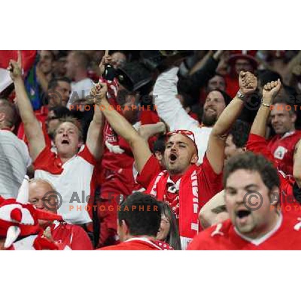 Fans of Switzerland celebrate second goal and Suisse victory 2:0 over Slovenia in FIFA 2014 World Cup Qualifiers played in Arena Stozice, Ljubljana, Slovenia on September 7, 2012 