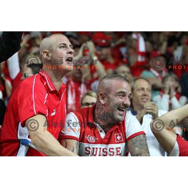 Fans of Switzerland celebrate second goal and Suisse victory 2:0 over Slovenia in FIFA 2014 World Cup Qualifiers played in Arena Stozice, Ljubljana, Slovenia on September 7, 2012 