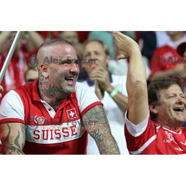Fans of Switzerland celebrate second goal and Suisse victory 2:0 over Slovenia in FIFA 2014 World Cup Qualifiers played in Arena Stozice, Ljubljana, Slovenia on September 7, 2012 