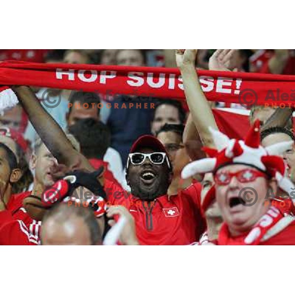 Fans of Switzerland celebrate second goal and Suisse victory 2:0 over Slovenia in FIFA 2014 World Cup Qualifiers played in Arena Stozice, Ljubljana, Slovenia on September 7, 2012 