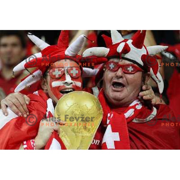 Fans of Switzerland celebrate second goal and Suisse victory 2:0 over Slovenia in FIFA 2014 World Cup Qualifiers played in Arena Stozice, Ljubljana, Slovenia on September 7, 2012 