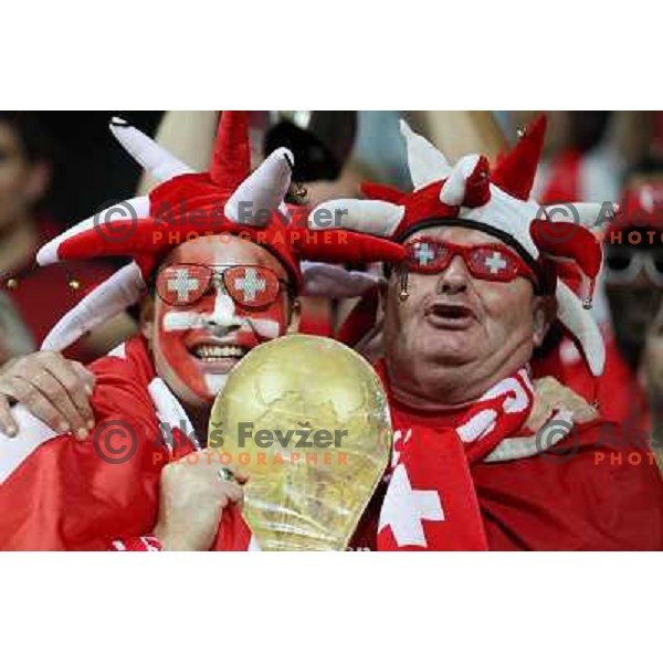 Fans of Switzerland celebrate second goal and Suisse victory 2:0 over Slovenia in FIFA 2014 World Cup Qualifiers played in Arena Stozice, Ljubljana, Slovenia on September 7, 2012 
