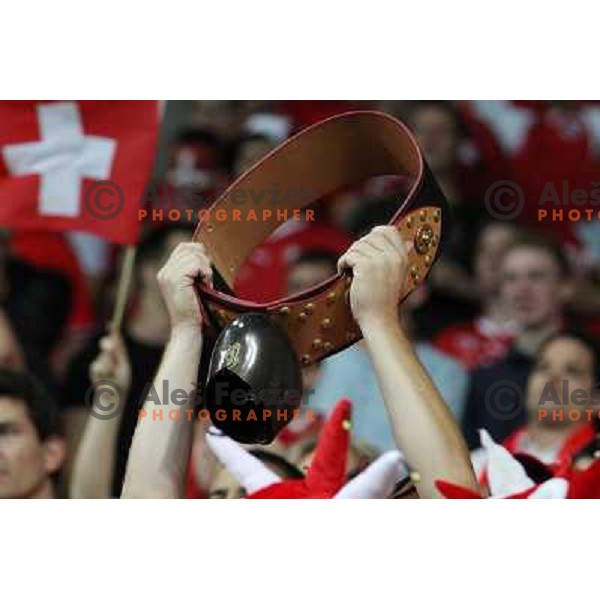 Fans of Switzerland celebrate second goal and Suisse victory 2:0 over Slovenia in FIFA 2014 World Cup Qualifiers played in Arena Stozice, Ljubljana, Slovenia on September 7, 2012 