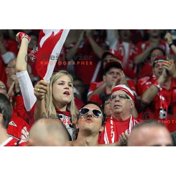 Fans of Switzerland celebrate second goal and Suisse victory 2:0 over Slovenia in FIFA 2014 World Cup Qualifiers played in Arena Stozice, Ljubljana, Slovenia on September 7, 2012 