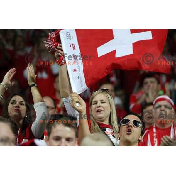 Fans of Switzerland celebrate second goal and Suisse victory 2:0 over Slovenia in FIFA 2014 World Cup Qualifiers played in Arena Stozice, Ljubljana, Slovenia on September 7, 2012 