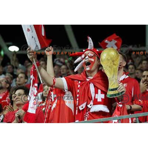 Fans of Switzerland celebrate second goal and Suisse victory 2:0 over Slovenia in FIFA 2014 World Cup Qualifiers played in Arena Stozice, Ljubljana, Slovenia on September 7, 2012 
