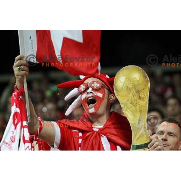 Fans of Switzerland celebrate second goal and Suisse victory 2:0 over Slovenia in FIFA 2014 World Cup Qualifiers played in Arena Stozice, Ljubljana, Slovenia on September 7, 2012 