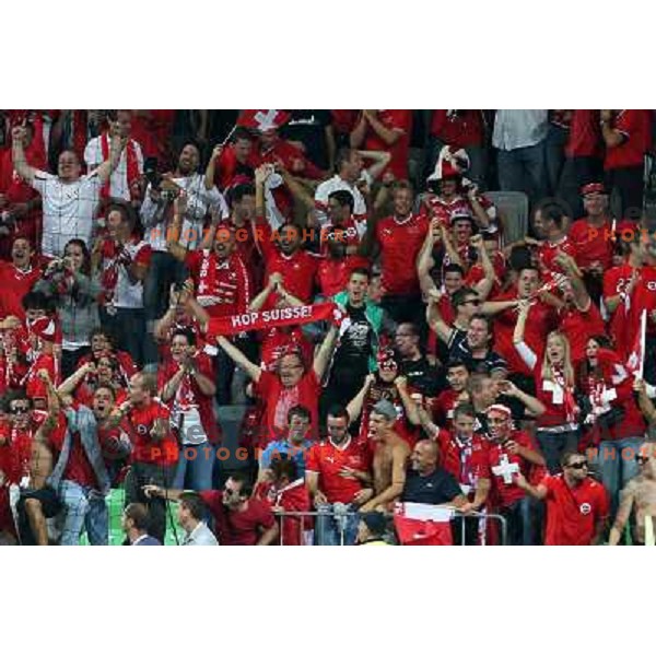 Fans of Switzerland celebrate second goal and Suisse victory 2:0 over Slovenia in FIFA 2014 World Cup Qualifiers played in Arena Stozice, Ljubljana, Slovenia on September 7, 2012 