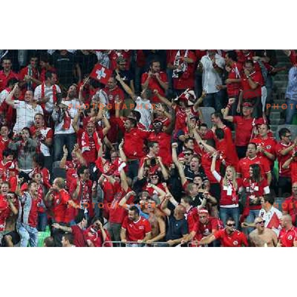 Fans of Switzerland celebrate second goal and Suisse victory 2:0 over Slovenia in FIFA 2014 World Cup Qualifiers played in Arena Stozice, Ljubljana, Slovenia on September 7, 2012 
