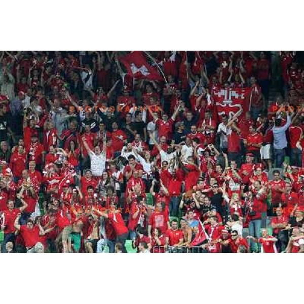 Fans of Switzerland celebrate second goal and Suisse victory 2:0 over Slovenia in FIFA 2014 World Cup Qualifiers played in Arena Stozice, Ljubljana, Slovenia on September 7, 2012 
