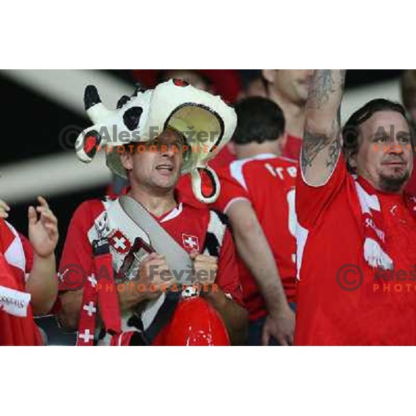 Fans of Switzerland celebrate second goal and Suisse victory 2:0 over Slovenia in FIFA 2014 World Cup Qualifiers played in Arena Stozice, Ljubljana, Slovenia on September 7, 2012 