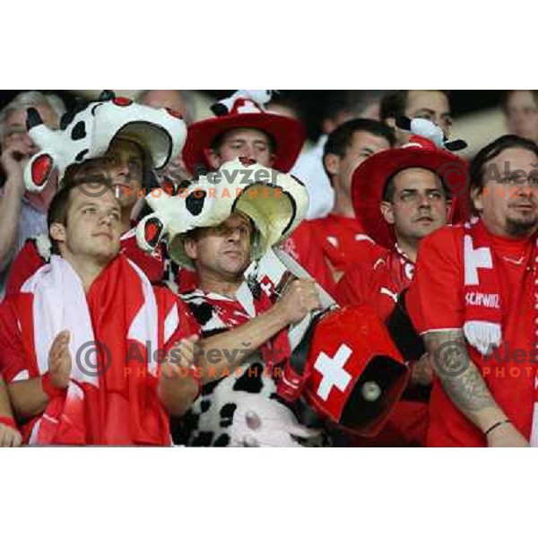 Fans of Switzerland celebrate second goal and Suisse victory 2:0 over Slovenia in FIFA 2014 World Cup Qualifiers played in Arena Stozice, Ljubljana, Slovenia on September 7, 2012 