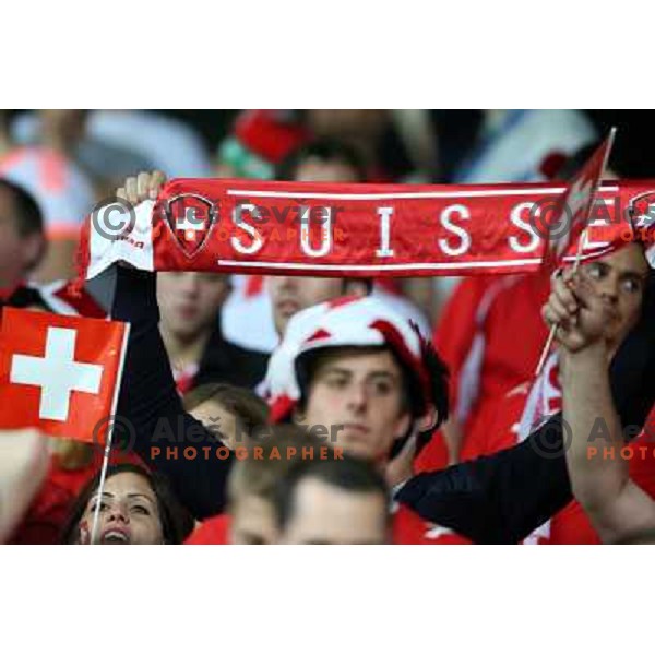 Fans of Switzerland celebrate second goal and Suisse victory 2:0 over Slovenia in FIFA 2014 World Cup Qualifiers played in Arena Stozice, Ljubljana, Slovenia on September 7, 2012 