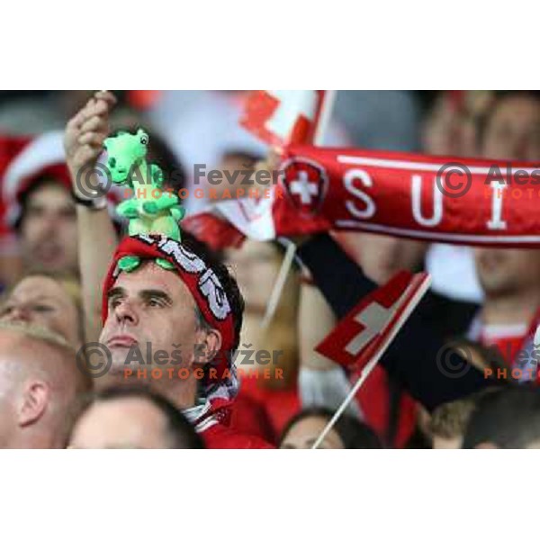 Fans of Switzerland celebrate second goal and Suisse victory 2:0 over Slovenia in FIFA 2014 World Cup Qualifiers played in Arena Stozice, Ljubljana, Slovenia on September 7, 2012 