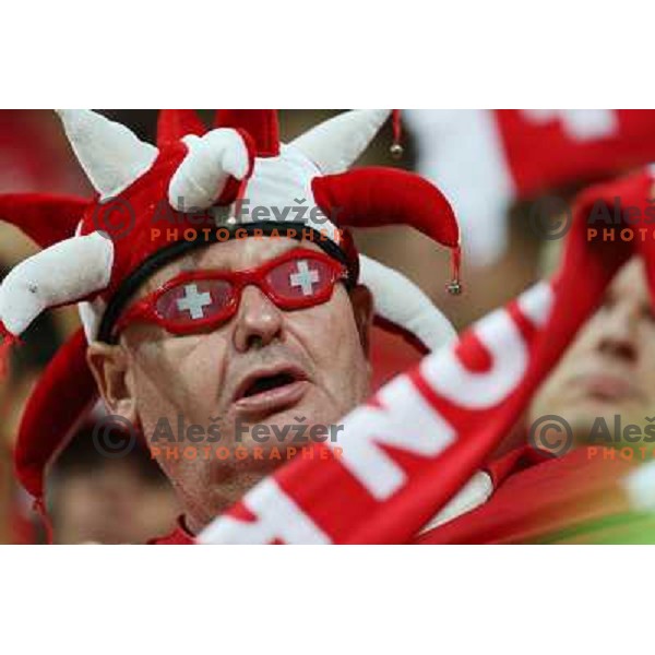 Fans of Switzerland celebrate second goal and Suisse victory 2:0 over Slovenia in FIFA 2014 World Cup Qualifiers played in Arena Stozice, Ljubljana, Slovenia on September 7, 2012 