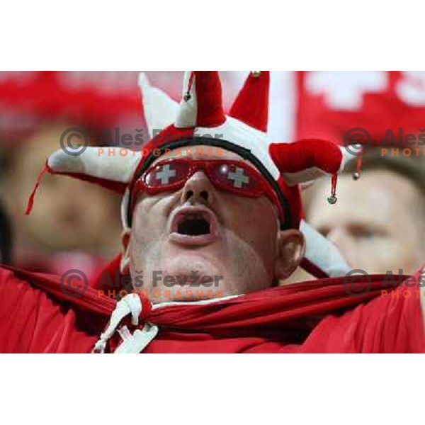 Fans of Switzerland celebrate second goal and Suisse victory 2:0 over Slovenia in FIFA 2014 World Cup Qualifiers played in Arena Stozice, Ljubljana, Slovenia on September 7, 2012 