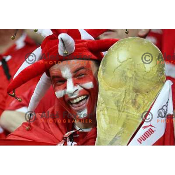 Fans of Switzerland celebrate second goal and Suisse victory 2:0 over Slovenia in FIFA 2014 World Cup Qualifiers played in Arena Stozice, Ljubljana, Slovenia on September 7, 2012 