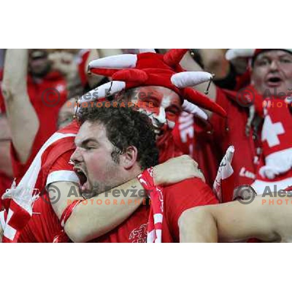 Fans of Switzerland celebrate second goal and Suisse victory 2:0 over Slovenia in FIFA 2014 World Cup Qualifiers played in Arena Stozice, Ljubljana, Slovenia on September 7, 2012 