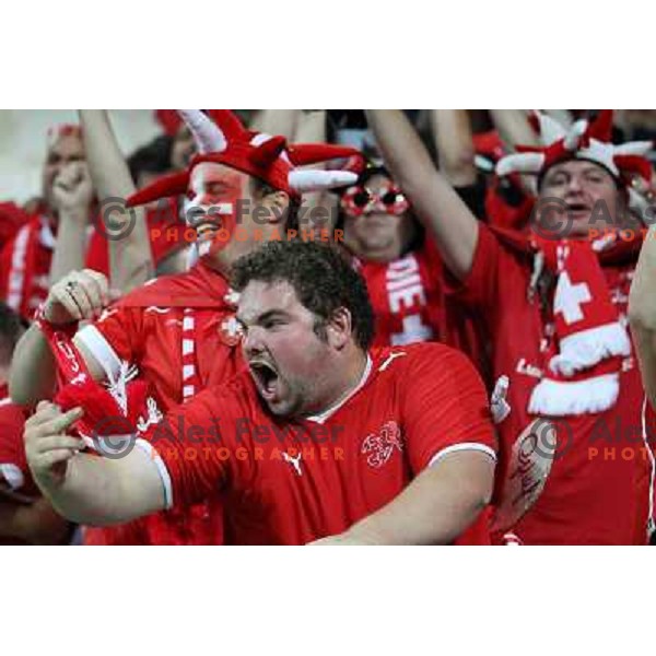 Fans of Switzerland celebrate second goal and Suisse victory 2:0 over Slovenia in FIFA 2014 World Cup Qualifiers played in Arena Stozice, Ljubljana, Slovenia on September 7, 2012 
