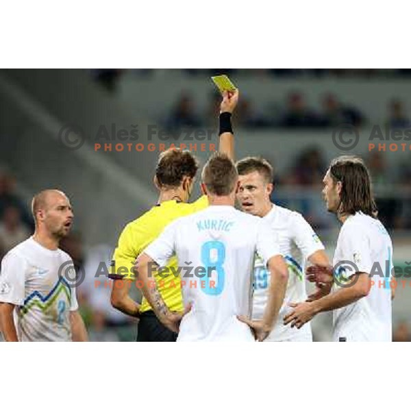 Referee Paolo Tagliavento shows by mistake red card and than yellow card to Josip Ilicic of Slovenia during football match Slovenia-Switzerland for FIFA 2014 World Cup Brasil Qualifiers, played in Arena Stozice, Ljubljana, Slovenia on September 7, 2012 
