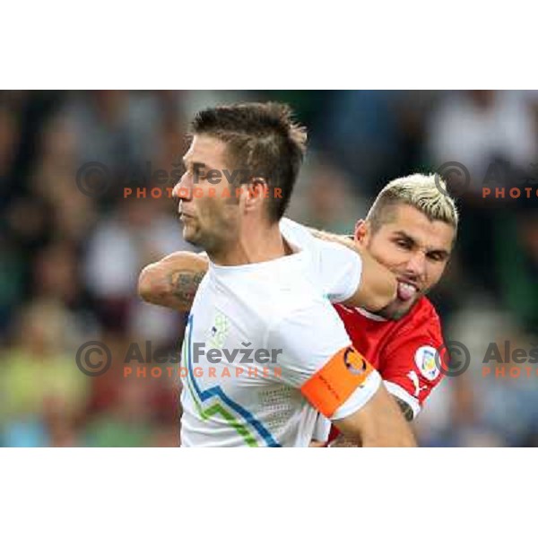 Valon Behrami of Switzerland and Bostjan Cesar of Slovenia during football match Slovenia-Switzerland for FIFA 2014 World Cup Brasil Qualifiers, played in Arena Stozice, Ljubljana, Slovenia on September 7, 2012 