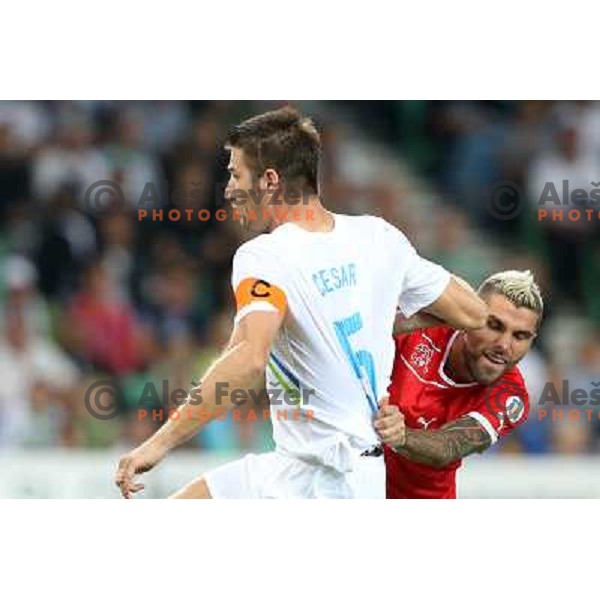 Valon Behrami of Switzerland and Bostjan Cesar of Slovenia during football match Slovenia-Switzerland for FIFA 2014 World Cup Brasil Qualifiers, played in Arena Stozice, Ljubljana, Slovenia on September 7, 2012 