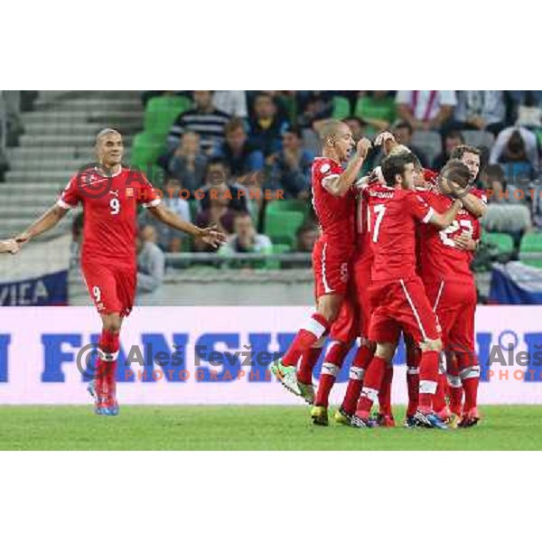 Gokhan Inler of Switzerland and teammates celebrate goal during football match Slovenia-Switzerland for FIFA 2014 World Cup Brasil Qualifiers, played in Arena Stozice, Ljubljana, Slovenia on September 7, 2012 