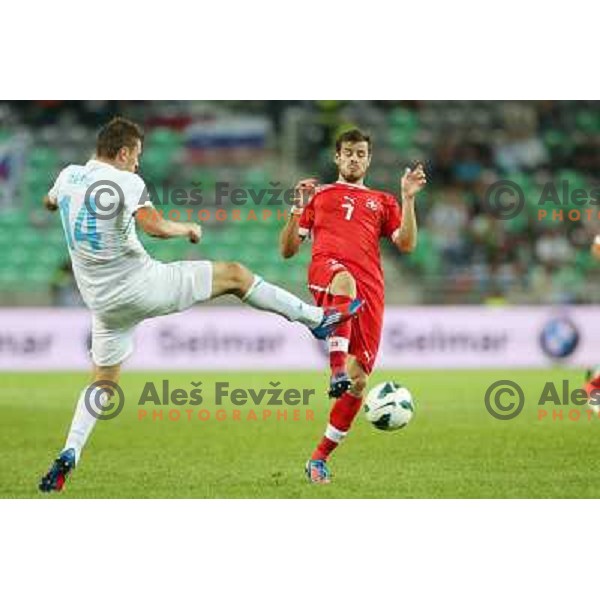 Tranquillo Barnetta and Zlatko Dedic of Slovenia during football match Slovenia-Switzerland for FIFA 2014 World Cup Brasil Qualifiers, played in Arena Stozice, Ljubljana, Slovenia on September 7, 2012 