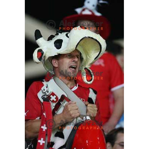 Fans of Switzerland celebrate second goal and Suisse victory 2:0 over Slovenia in FIFA 2014 World Cup Qualifiers played in Arena Stozice, Ljubljana, Slovenia on September 7, 2012 