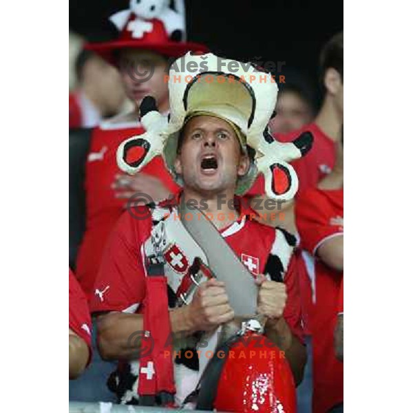 Fans of Switzerland celebrate second goal and Suisse victory 2:0 over Slovenia in FIFA 2014 World Cup Qualifiers played in Arena Stozice, Ljubljana, Slovenia on September 7, 2012 