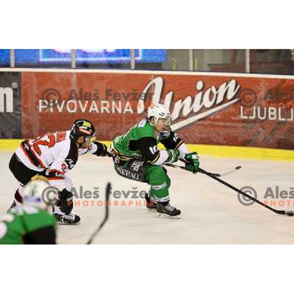 Brock McBride of Telemach Olimpija in action during ice hockey match Telemach Olimpija Ljubljana- Orli Znojmo in round 4 of Ebel league 2012/13 played in Hala Tivoli, Ljubljana, Slovenia on September 16, 2012 