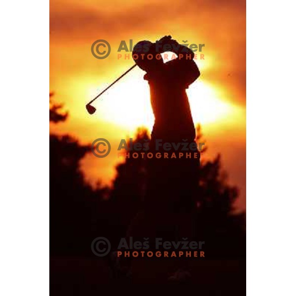 Golf Player hitting iron from the fairway on Arboretum golf course, Slovenia on September 16, 2012 