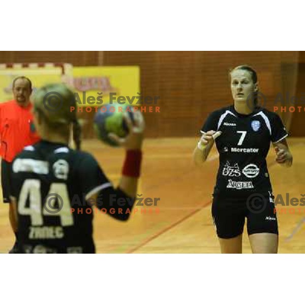 Maja Zrnec and Nina Worz of RK Krim Mercator in action during handball game played in Galjevica Hall, Ljubljana, Slovenia, 29.9.2012 