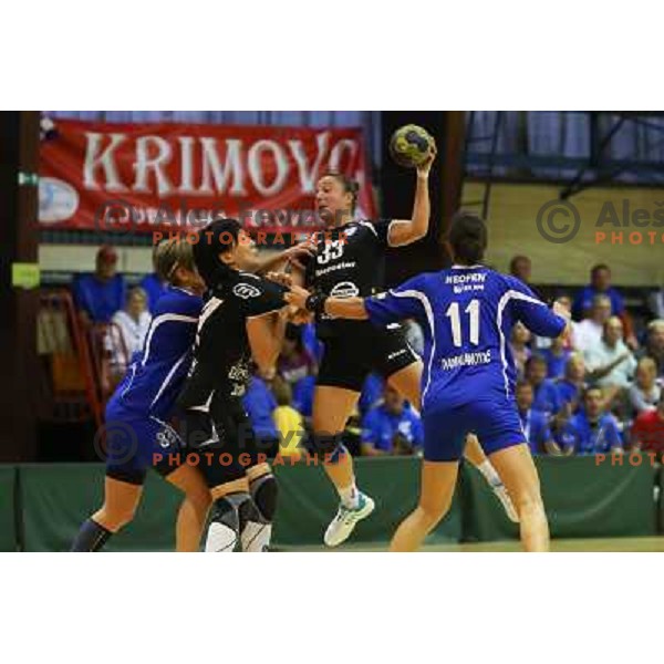 Katarina Krpez of RK Krim Mercator and Sanja Damnjanovic of Podravka Vegeta in action during handball game played in Galjevica Hall, Ljubljana, Slovenia, 29.9.2012 