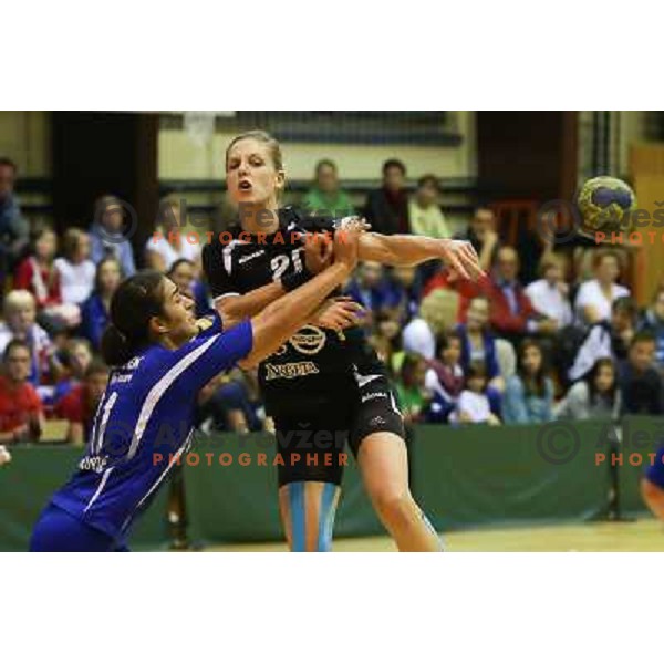 Sussan Muller of RK Krim Mercator and Sanja Damnjanovic of Podravka Vegeta in action during handball game played in Galjevica Hall, Ljubljana, Slovenia, 29.9.2012 