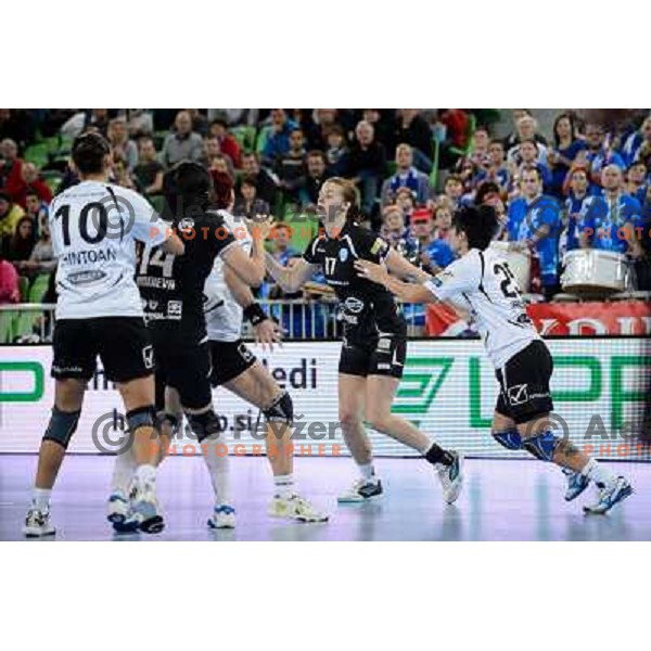 Linea Thorstenssen of Krim in action during handball match Krim Mercator - U Jolidon Cluj in EHF Champions league, played at Stozice Arena, Ljubljana, Slovenia on October 14, 2012 