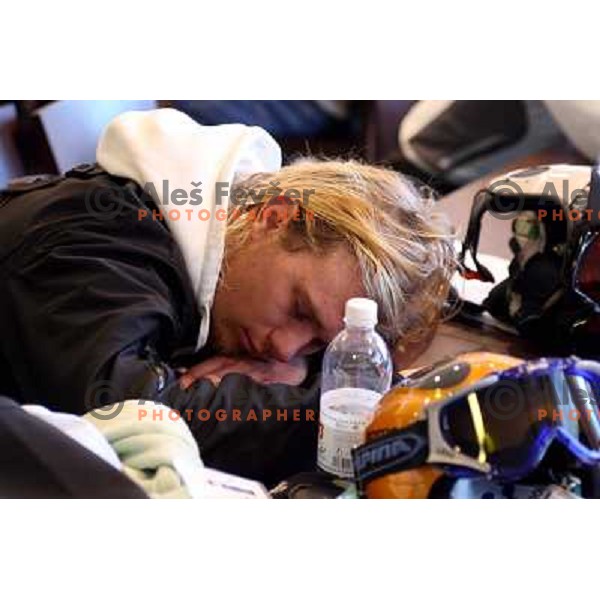 Matija Grasic catching some sleep before first run of Giant slalom girls on 23rd Winter Universiade 2007 at Jafferau, Bardonecchia, Italy on 19.01.2007