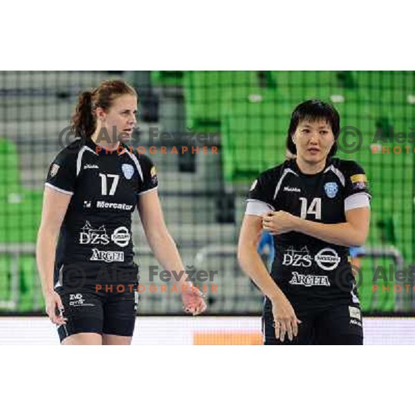 Linea Torstensson, Ljudmila Bodnieva of Krim in action during handball match Krim Mercator - U Jolidon Cluj in EHF Champions league, played at Stozice Arena, Ljubljana, Slovenia on October 14, 2012 