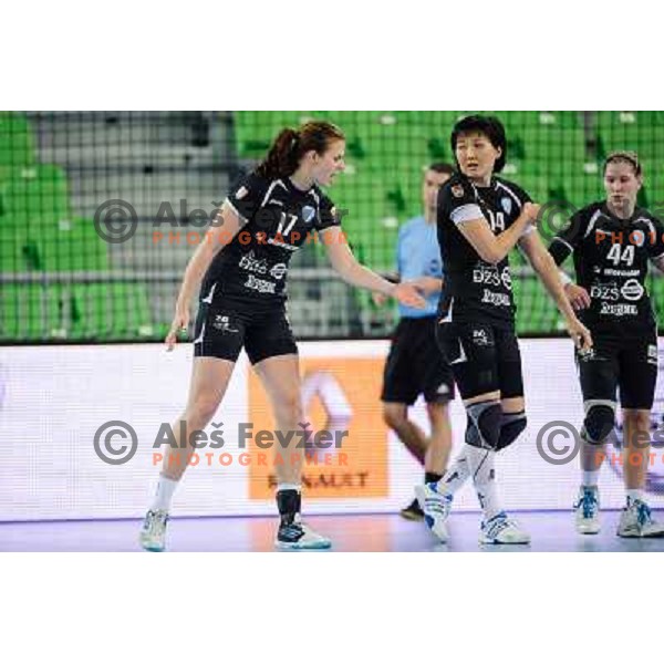 Linea Torstensson, Ljudmila Bodnieva of Krim in action during handball match Krim Mercator - U Jolidon Cluj in EHF Champions league, played at Stozice Arena, Ljubljana, Slovenia on October 14, 2012 